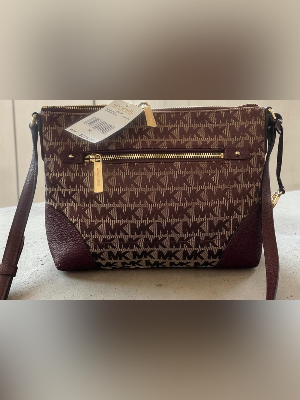 Michael Kors Burgundy and Brown MK Logo Messenger Bag with Gold Hardware